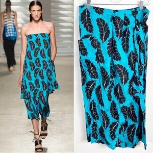Thakoon Runway Feathered Skirt Wrapped Sash Cropped Silk Pants Blue Multi